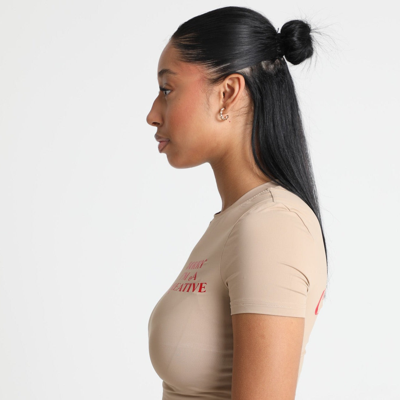 Sorry I'm A Creative - Baby Tee (Khaki + Red)