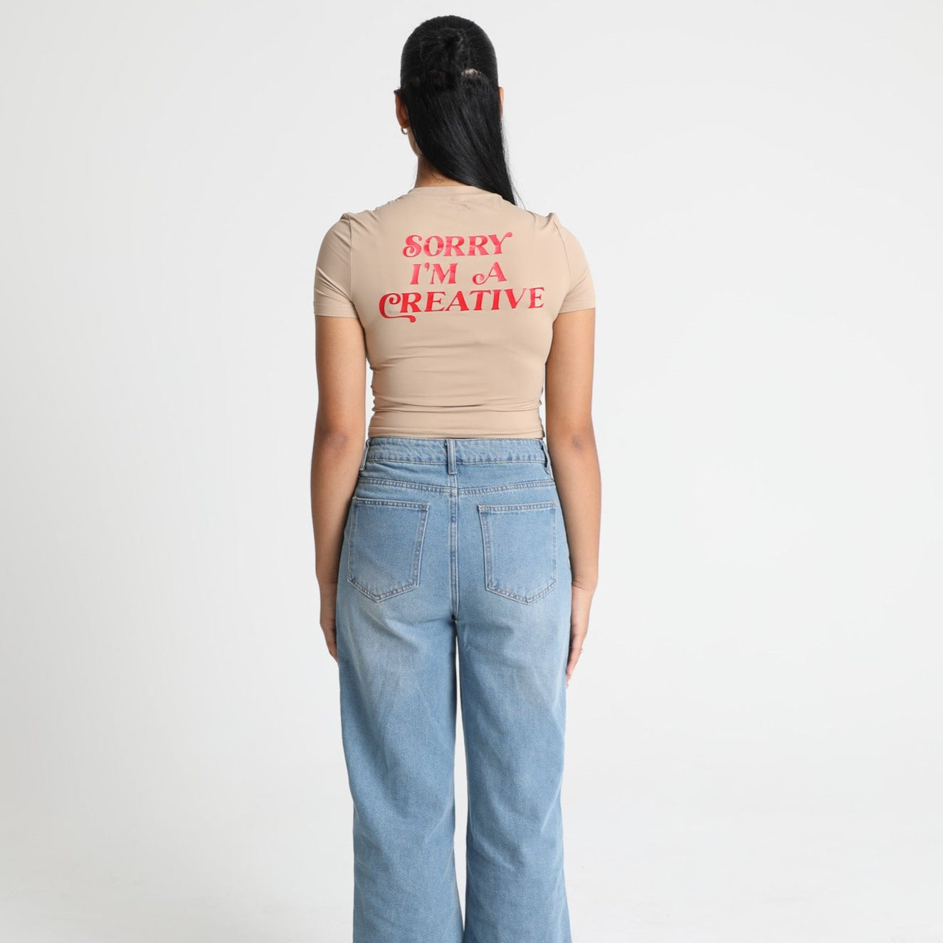 Sorry I'm A Creative - Baby Tee (Khaki + Red)