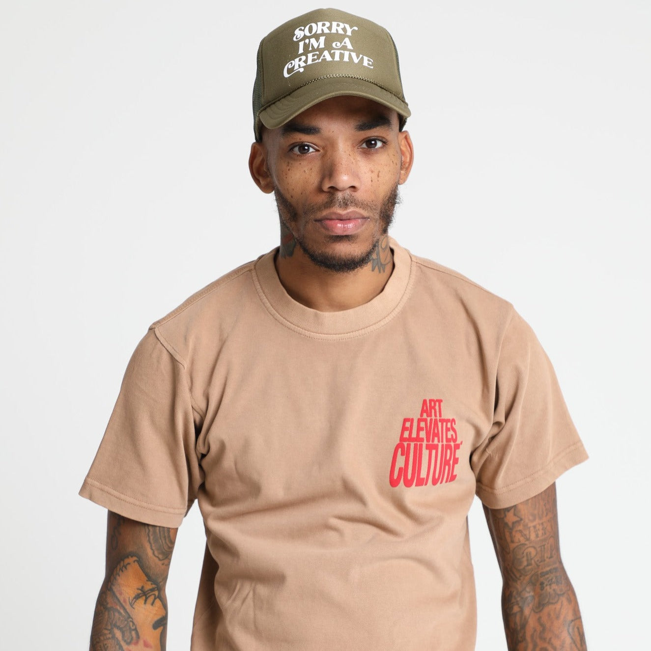 Art Elevates Culture - T-Shirt (Khaki + Red)