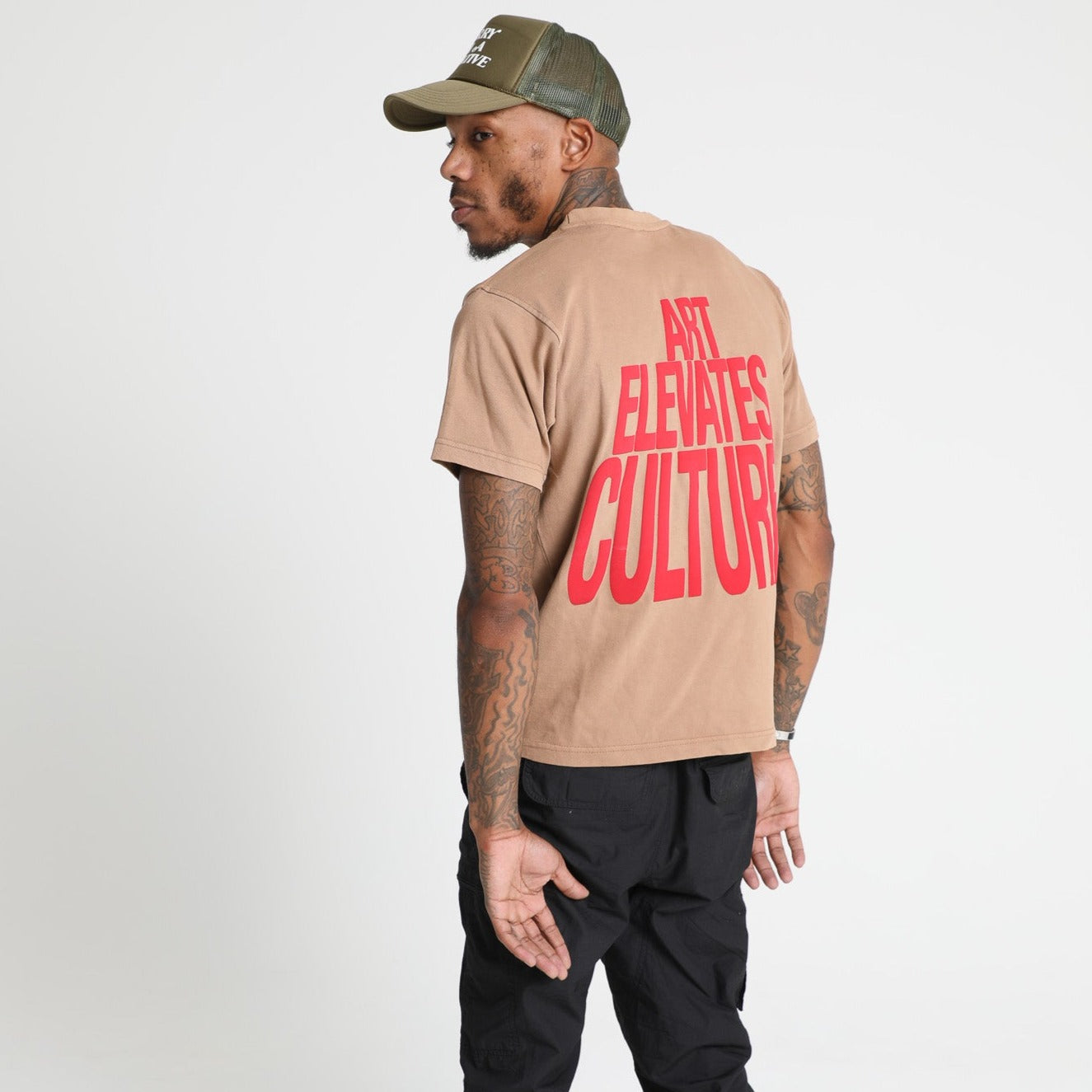Art Elevates Culture - T-Shirt (Khaki + Red)