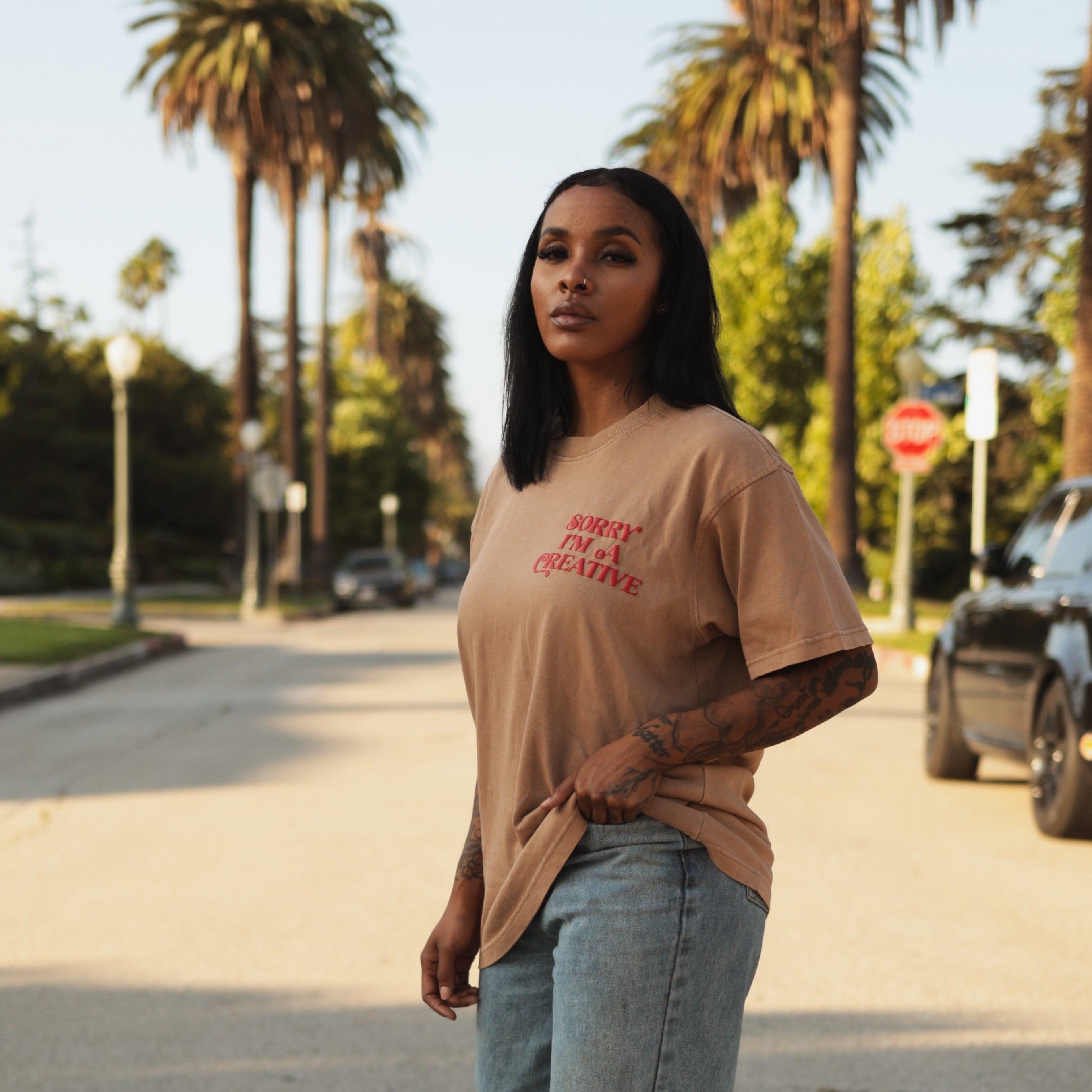 Sorry I'm A Creative - T-Shirt (Khaki + Red)