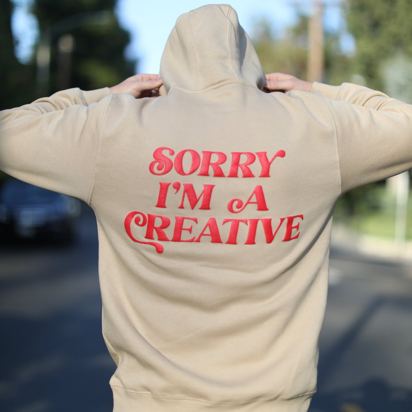 Sorry I'm A Creative - Hoodie (Khaki + Red)