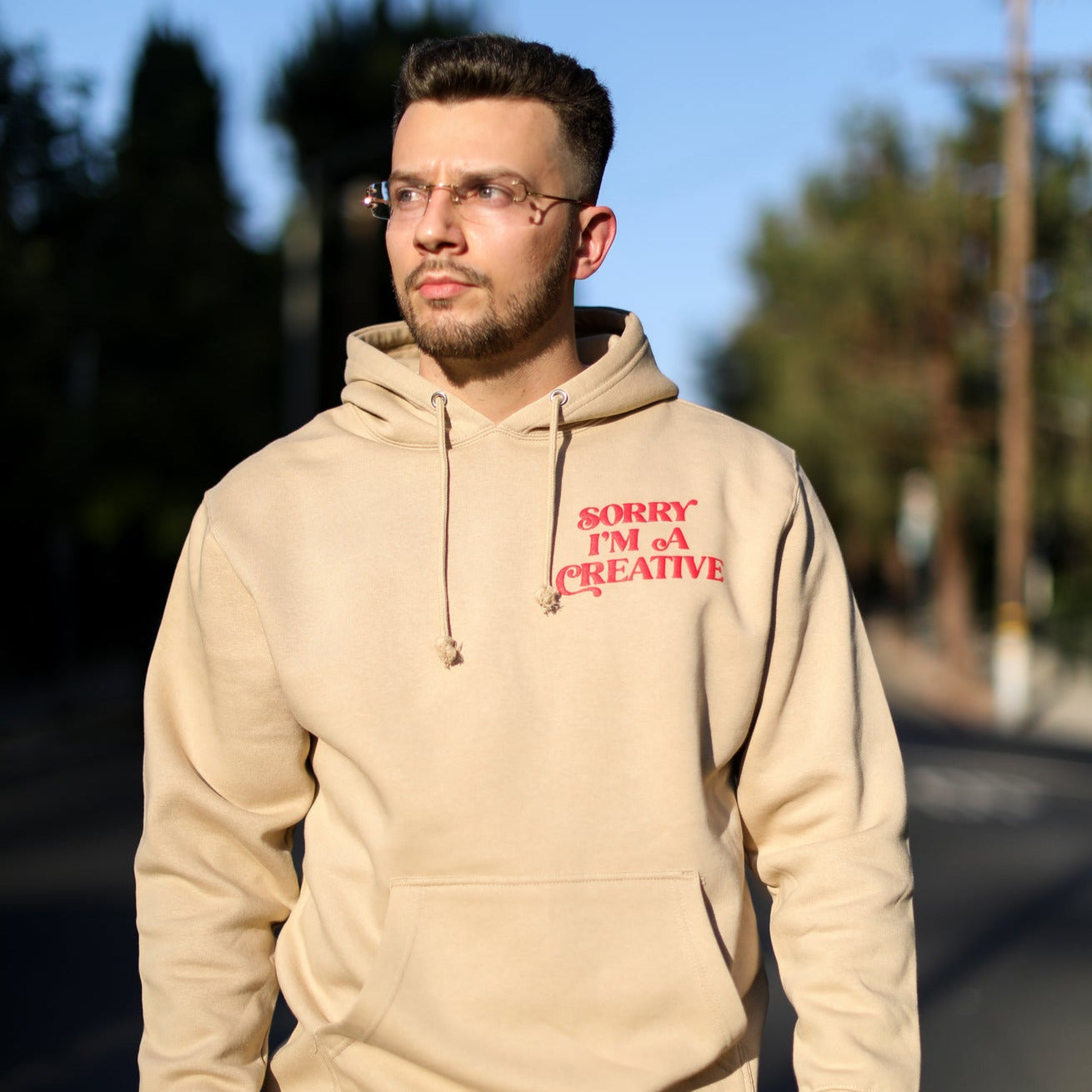 Sorry I'm A Creative - Hoodie (Khaki + Red)