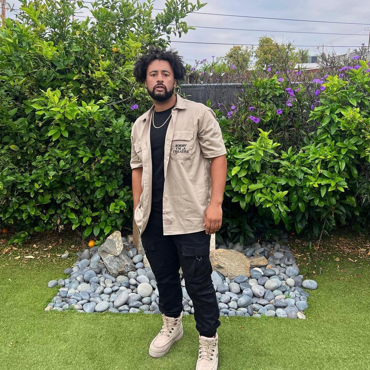Sorry I'm A Creative - Dickies Shirt (Khaki + Black)
