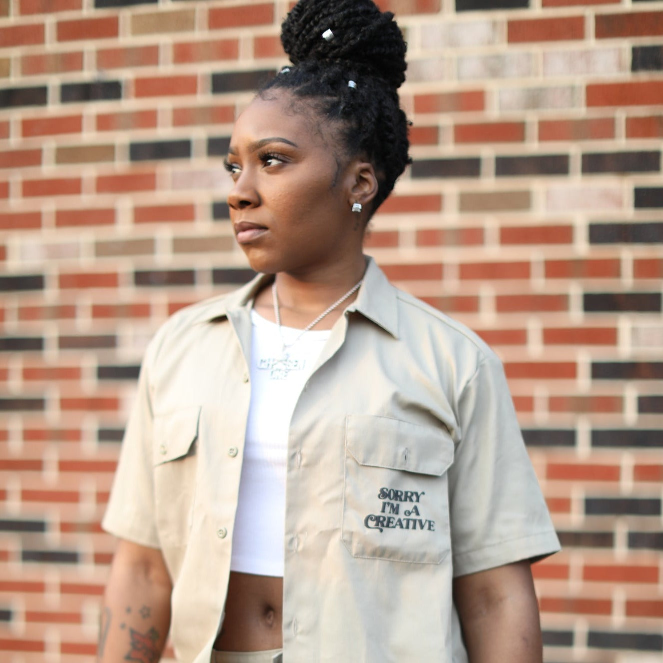 Sorry I'm A Creative - Dickies Shirt (Khaki + Black)