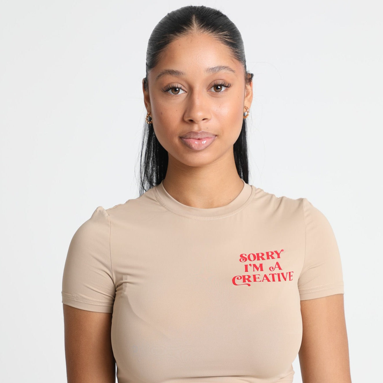 Sorry I'm A Creative - Baby Tee (Khaki + Red)