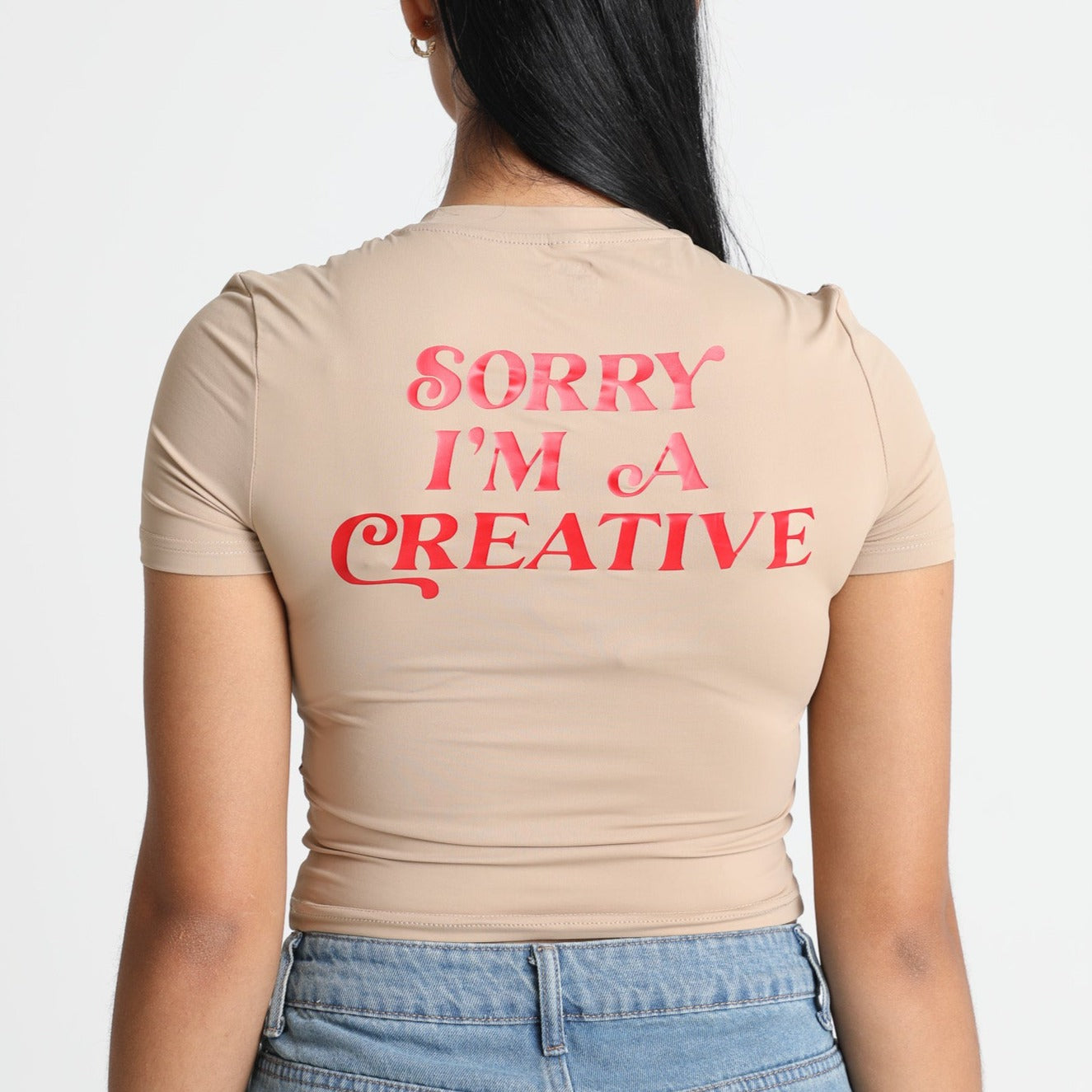 Sorry I'm A Creative - Baby Tee (Khaki + Red)