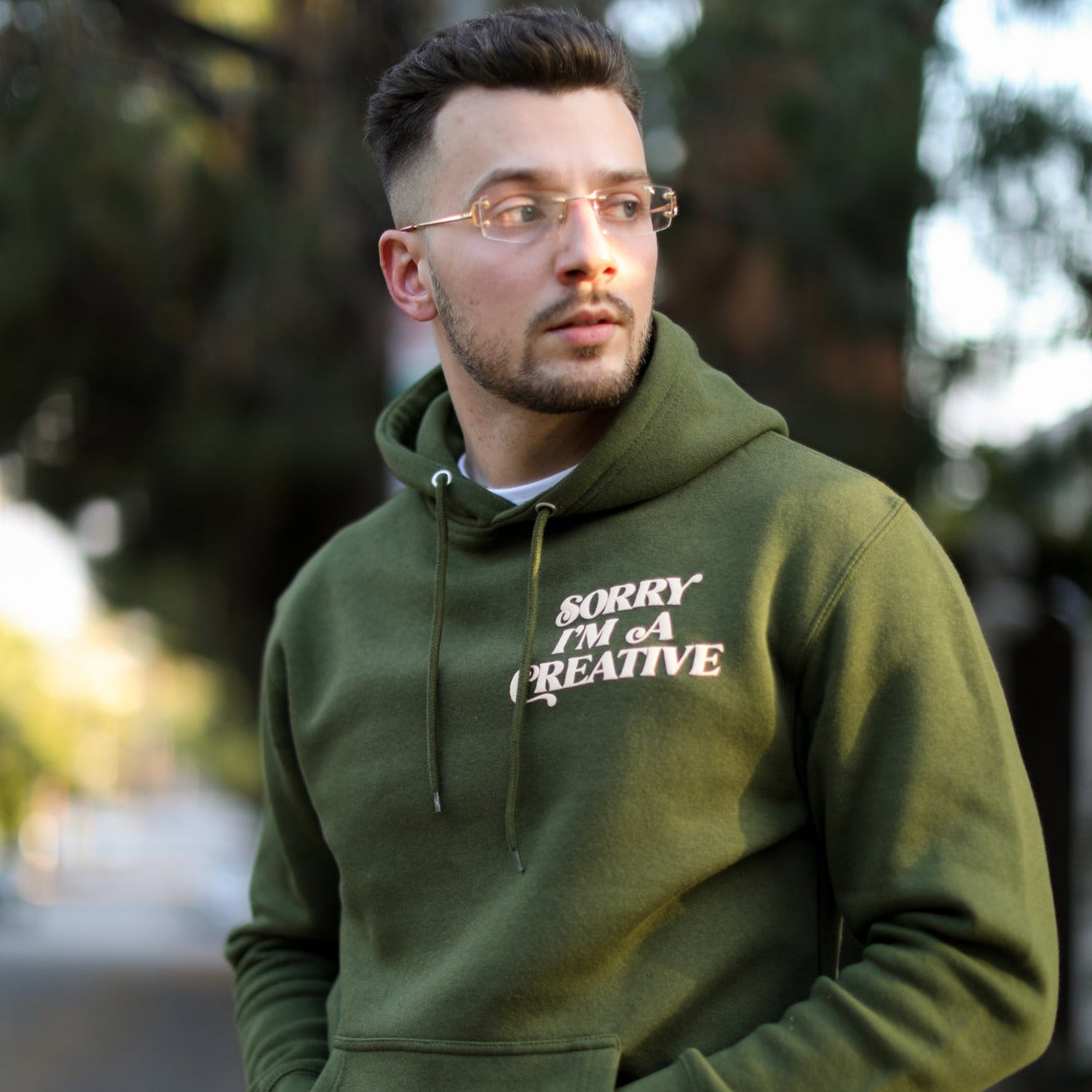 "Sorry I'm A Creative" Puff Print Hoodie (OLIVE GREEN)
