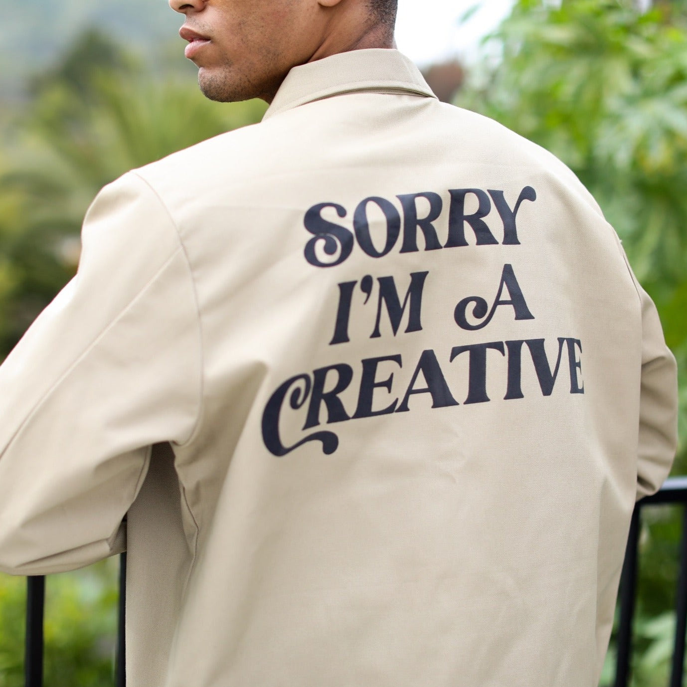 "Sorry I'm A Creative" Puff Print Jacket (KHAKI) - For The Crew Clothing Outerwear